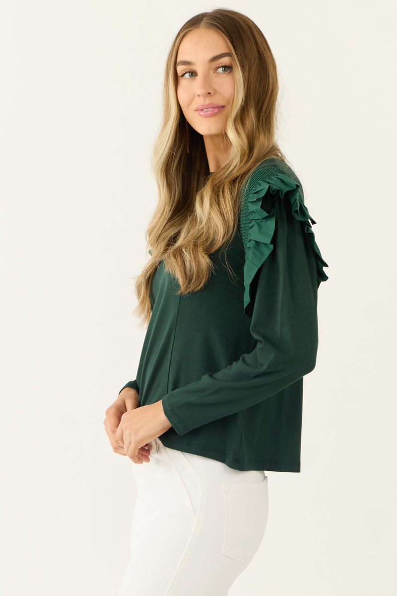 Forest Green Ruffle Shoulder Long Sleeve Knit Top