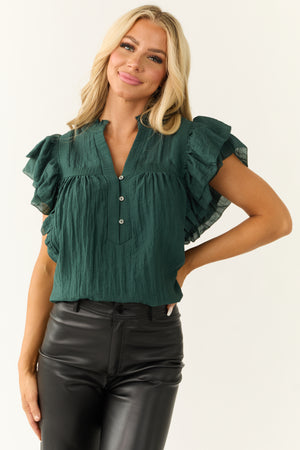 Forest Green Ruffle Sleeve Front Button Top