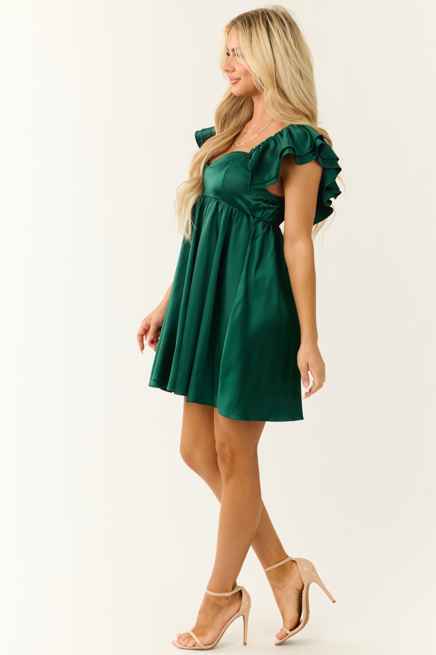 Forest Green Satin Babydoll Mini Dress