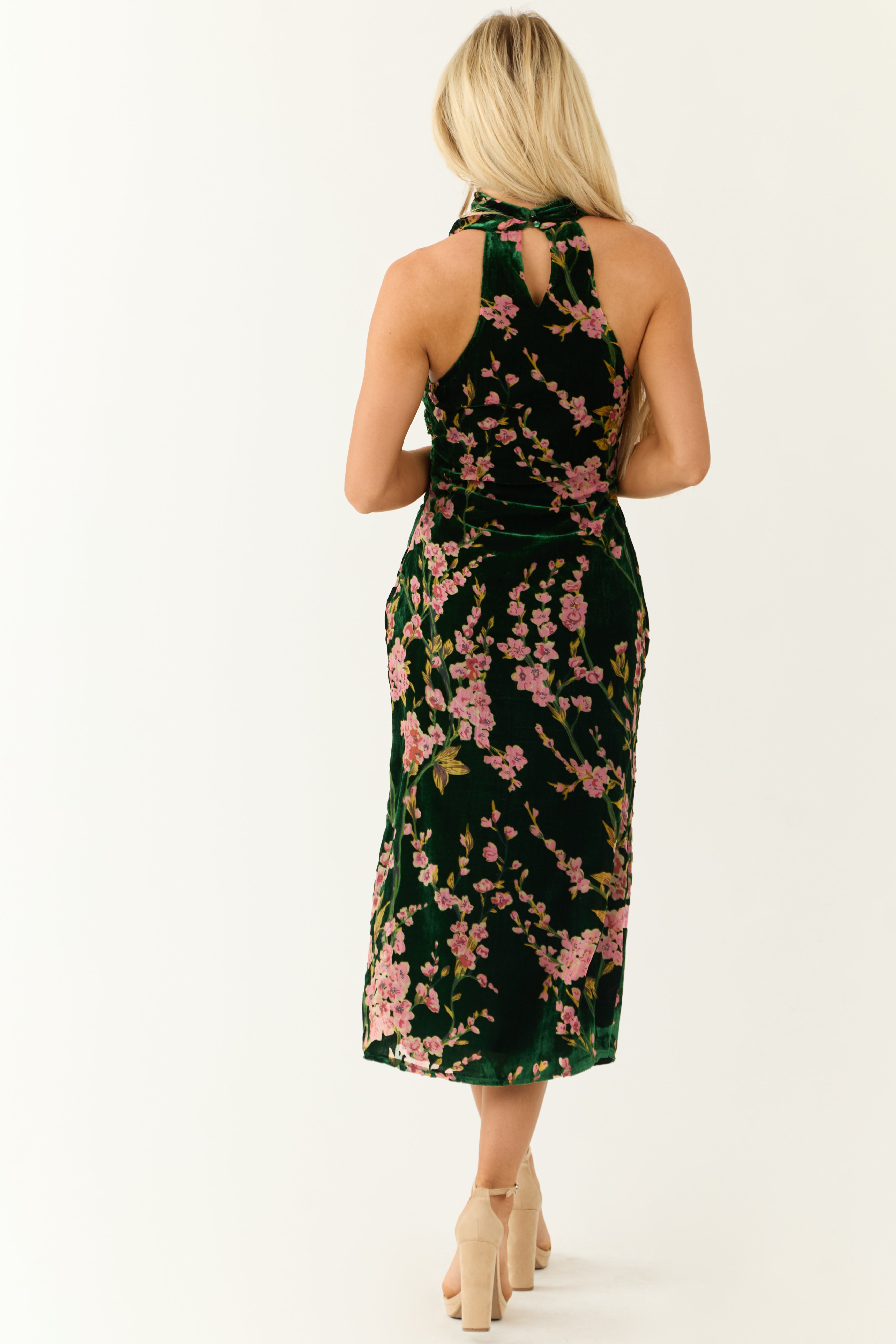 Forest Green Velvet Cherry Blossom Midi Dress