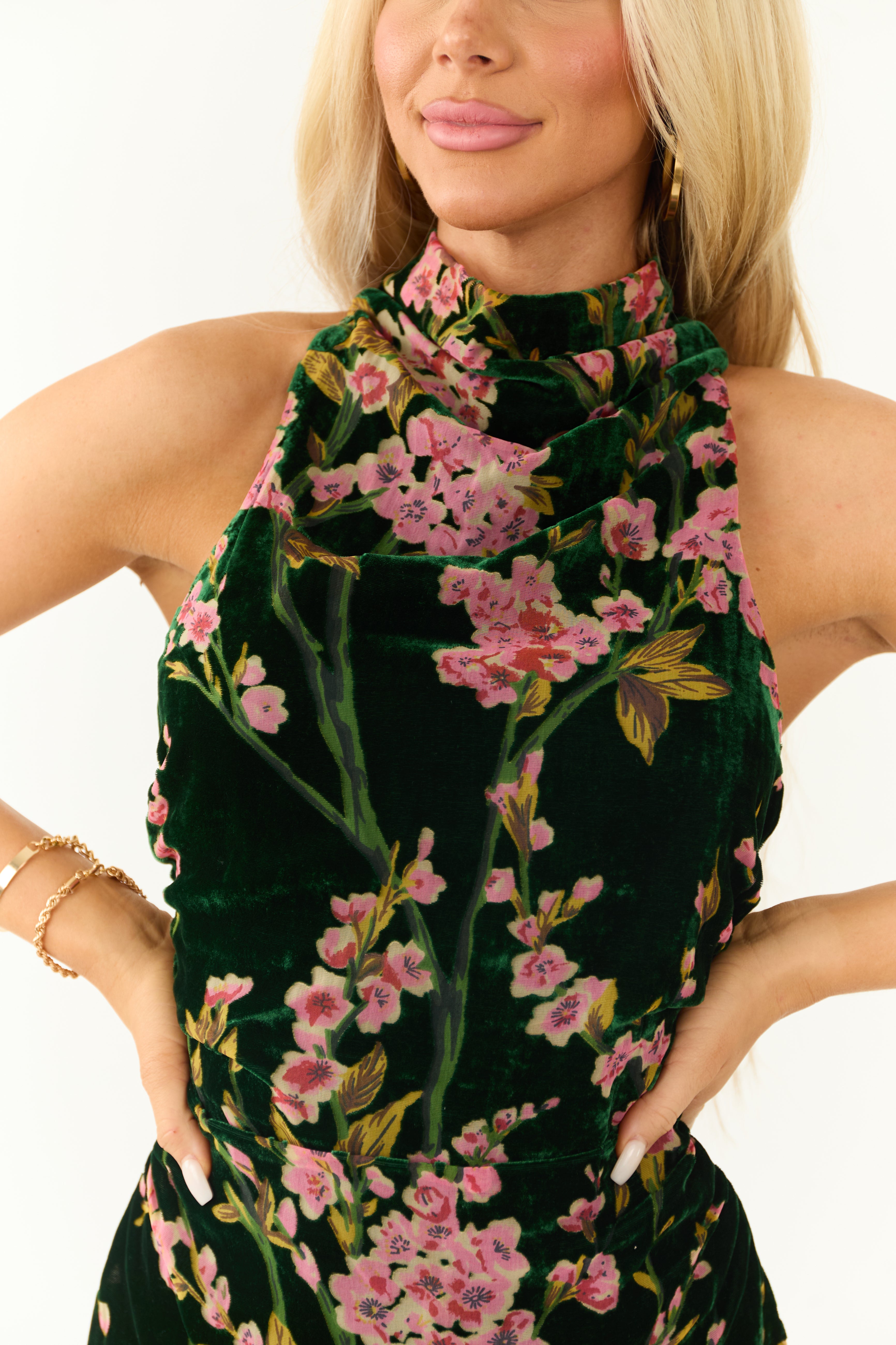 Forest Green Velvet Cherry Blossom Midi Dress