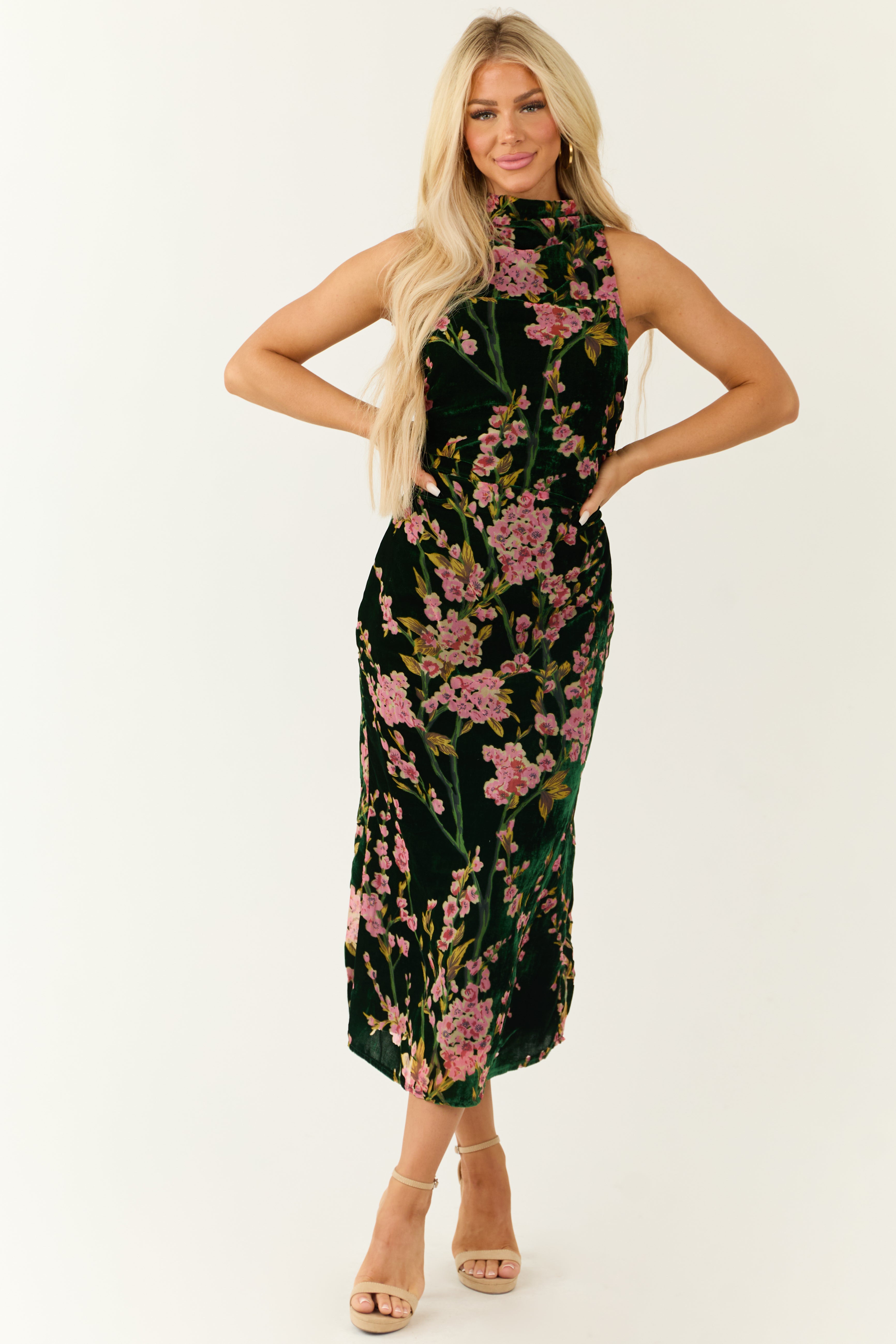 Forest Green Velvet Cherry Blossom Midi Dress