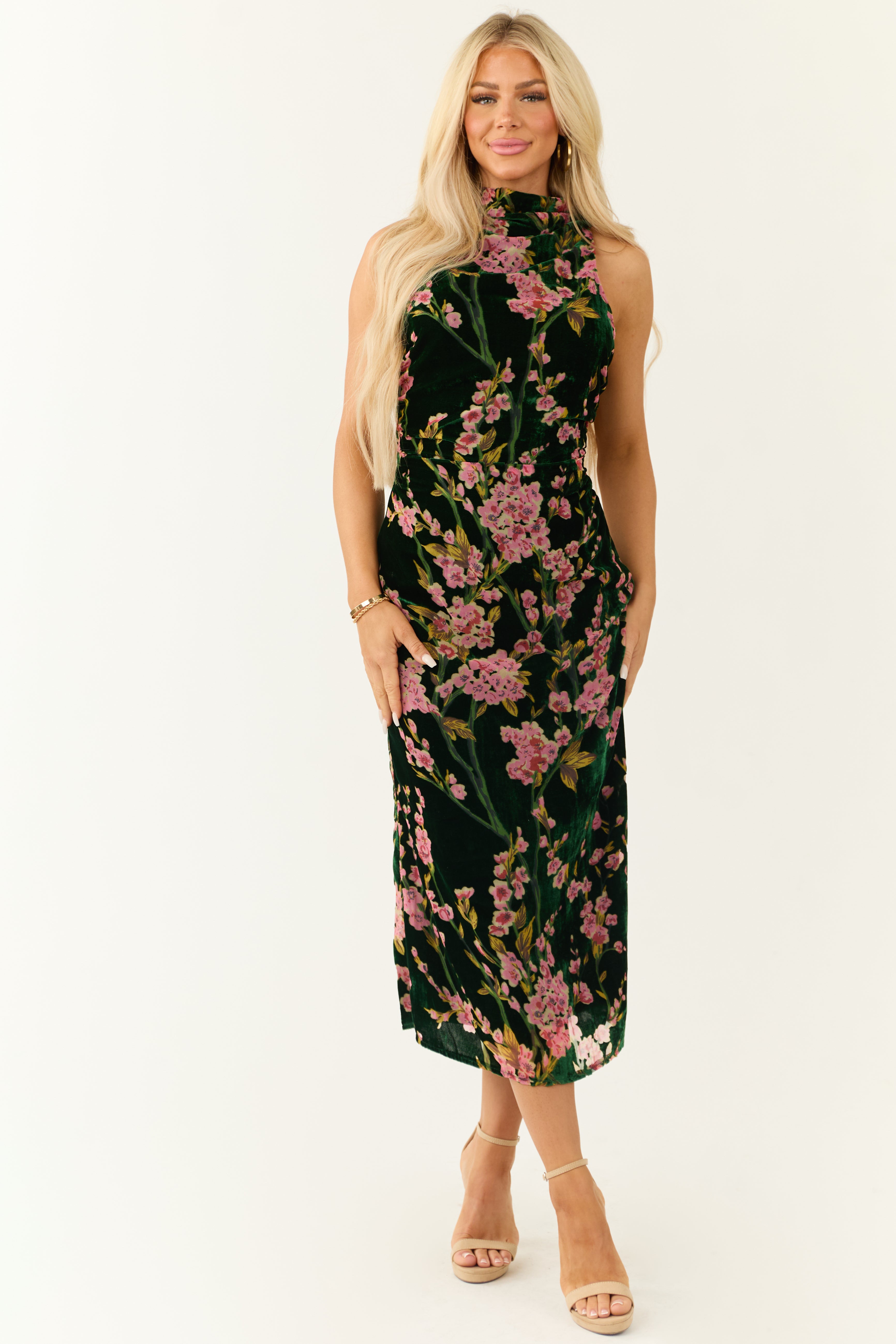 Forest Green Velvet Cherry Blossom Midi Dress