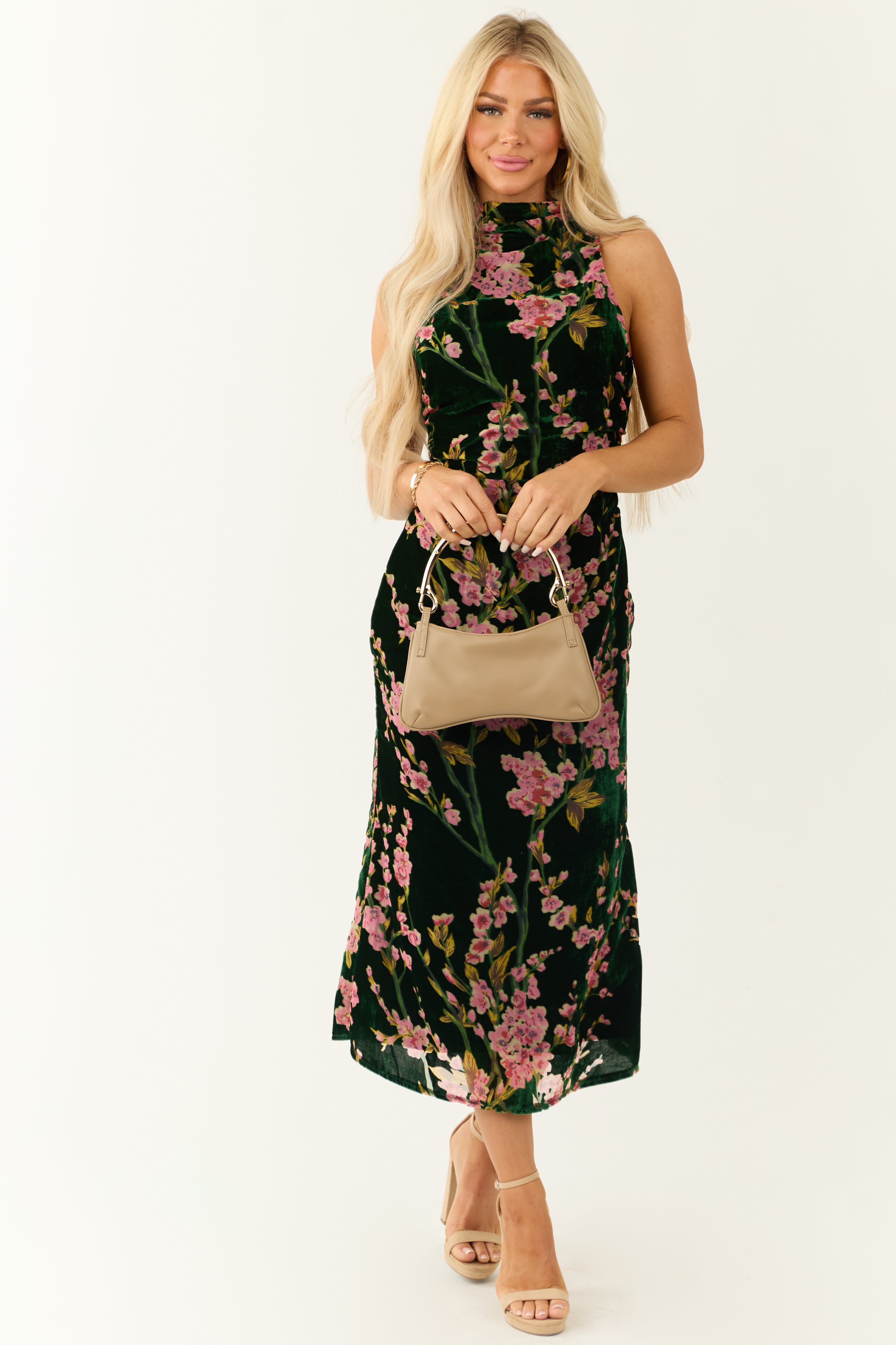 Forest Green Velvet Cherry Blossom Midi Dress