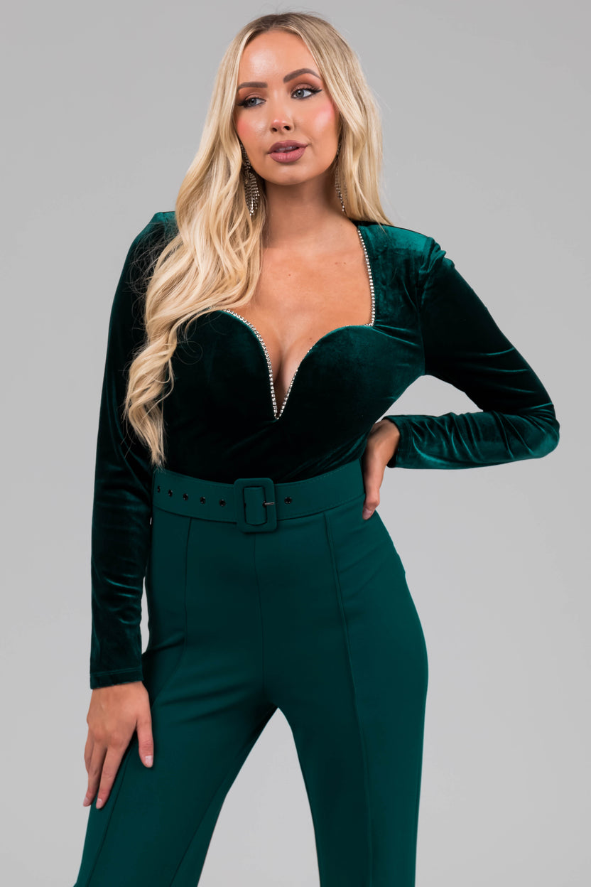 Forest Green Velvet Rhinestone Trim Jumpsuit