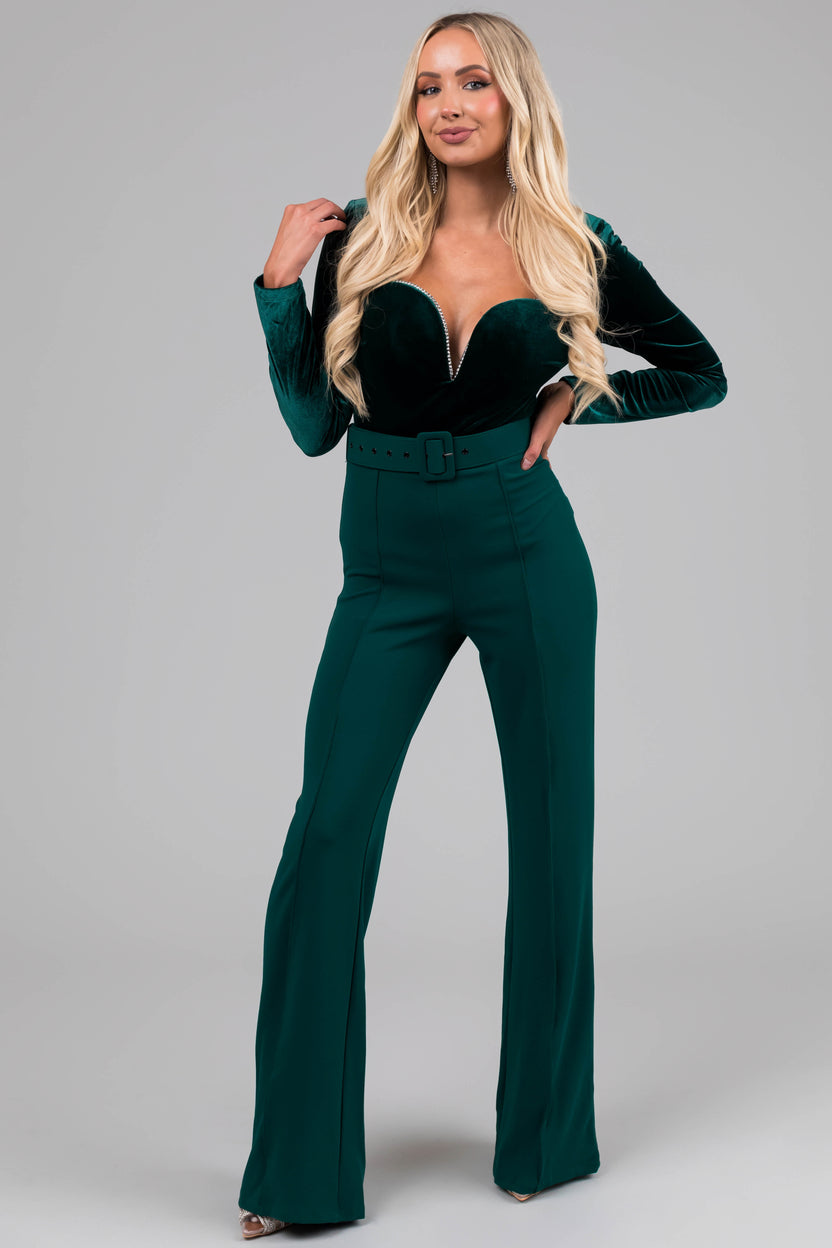 Forest Green Velvet Rhinestone Trim Jumpsuit