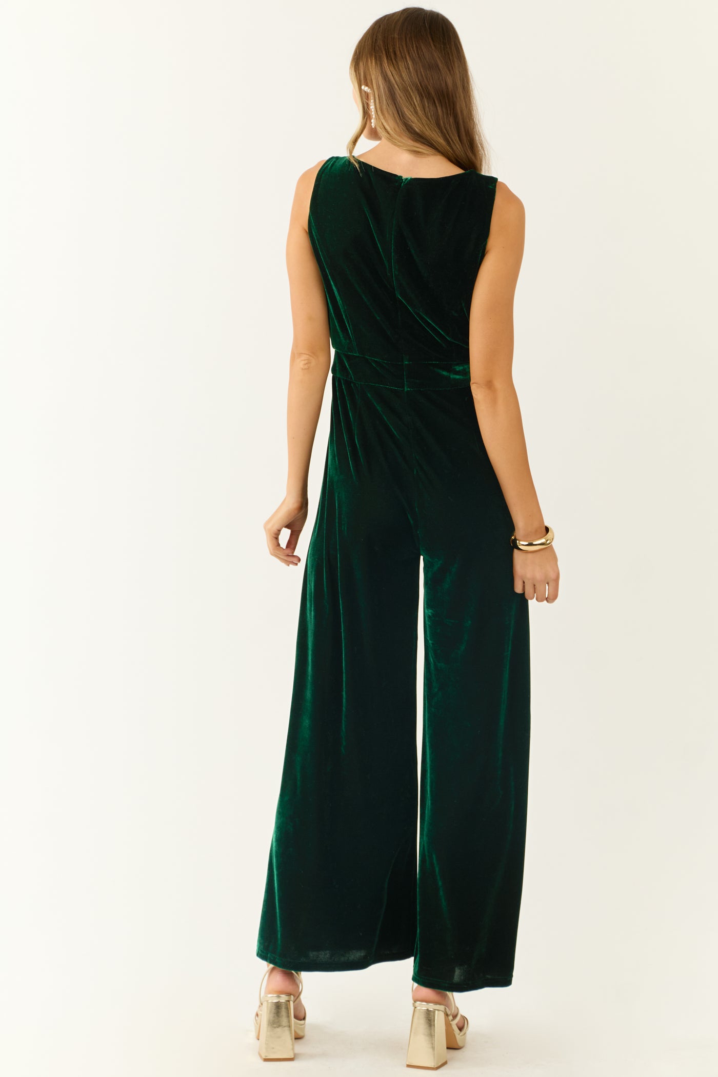 Forest Green Velvet Sleeveless Wide Leg Jumpsuit