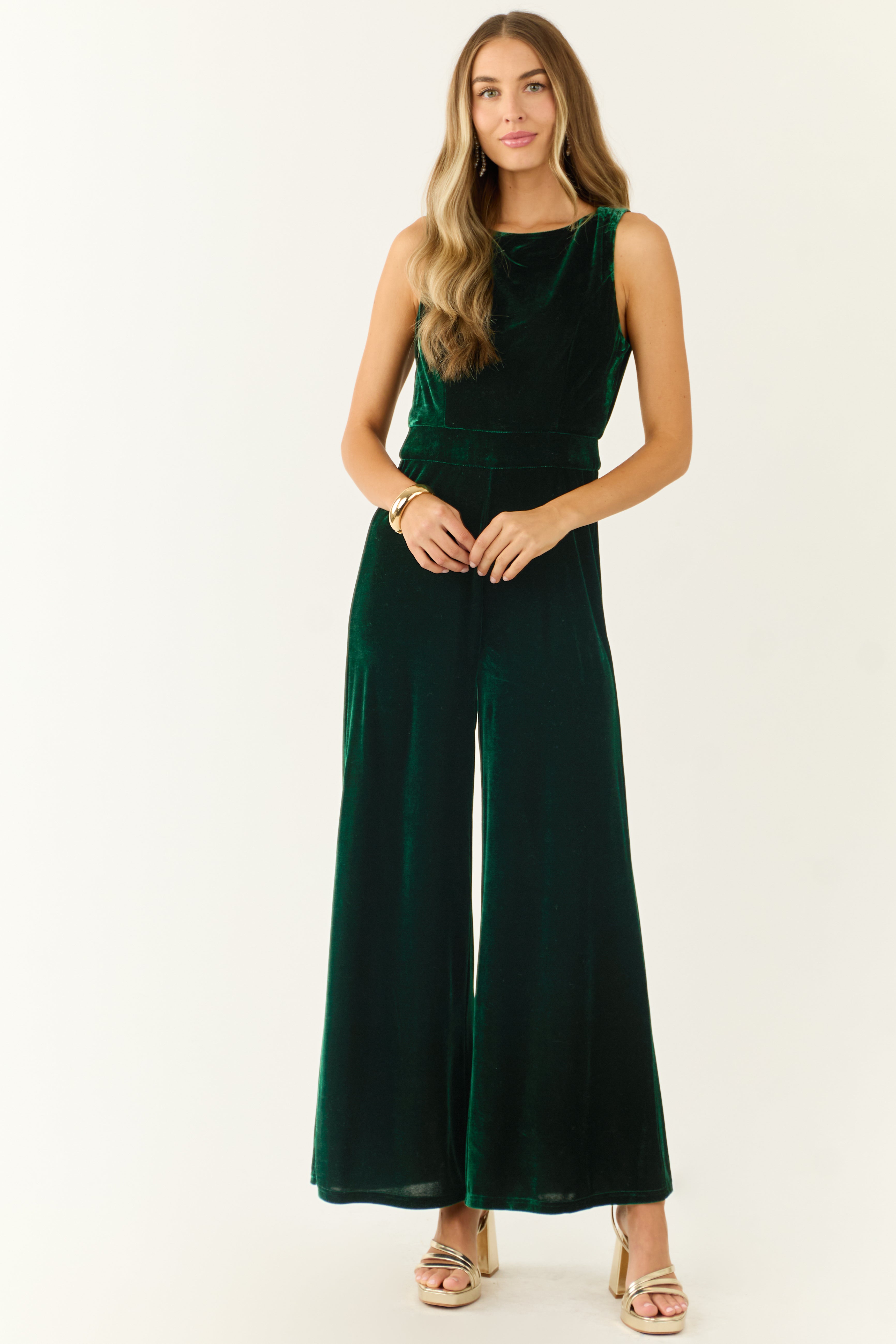 Forest Green Velvet Sleeveless Wide Leg Jumpsuit