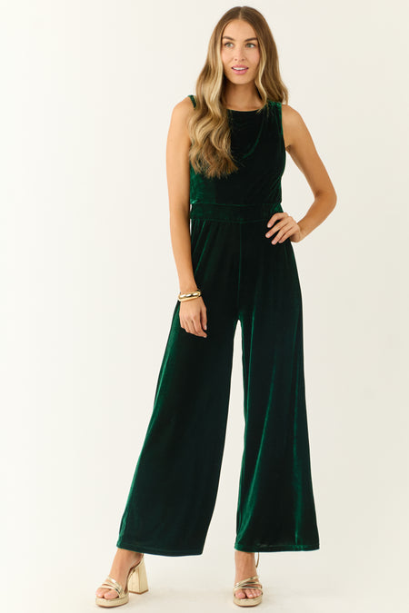 Forest Green Velvet Sleeveless Wide Leg Jumpsuit