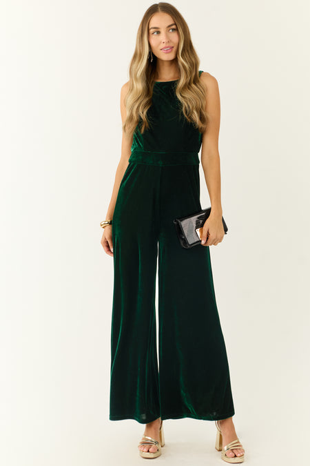 Forest Green Velvet Sleeveless Wide Leg Jumpsuit