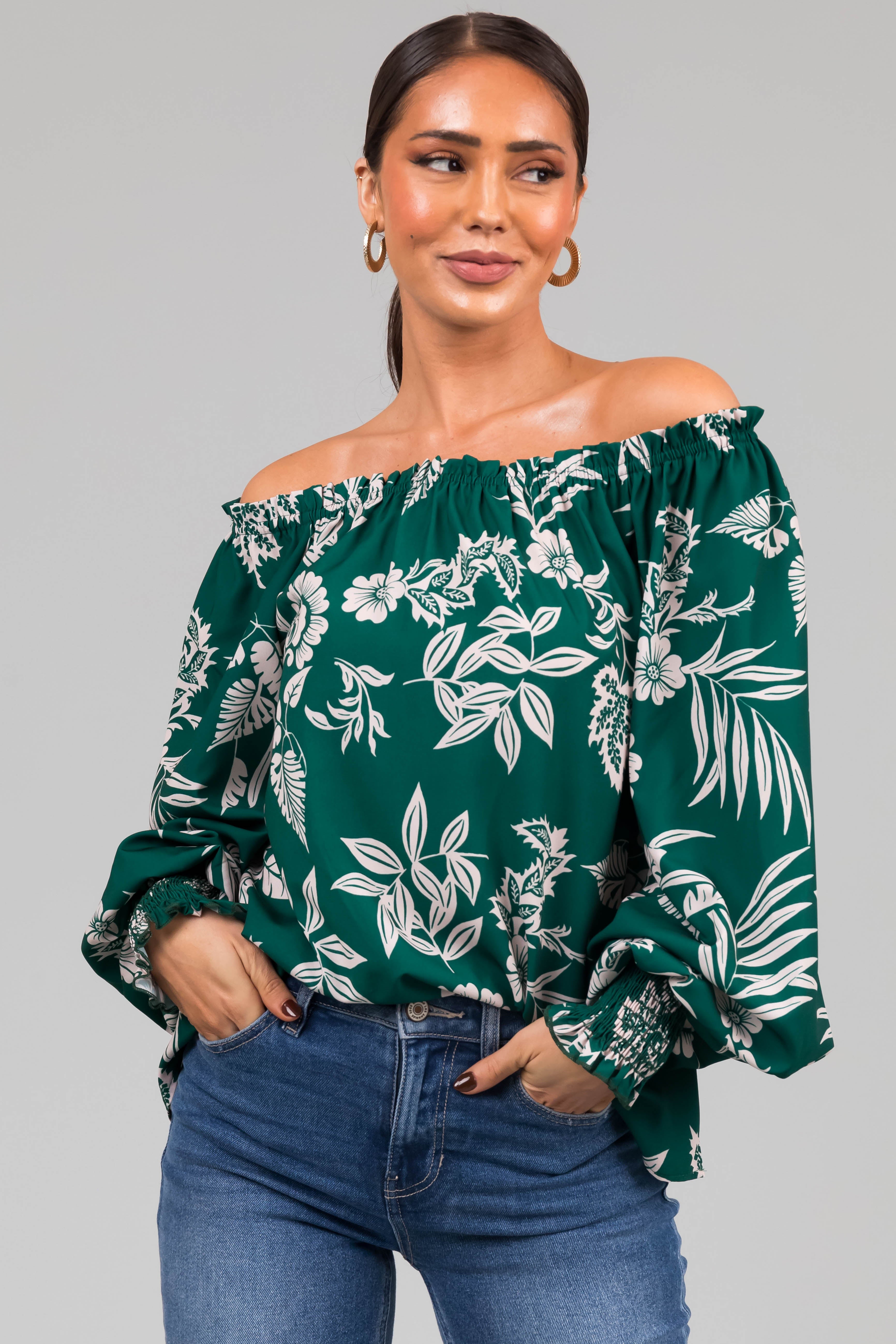 Forest Off the Shoulder Floral Print Blouse | Lime Lush