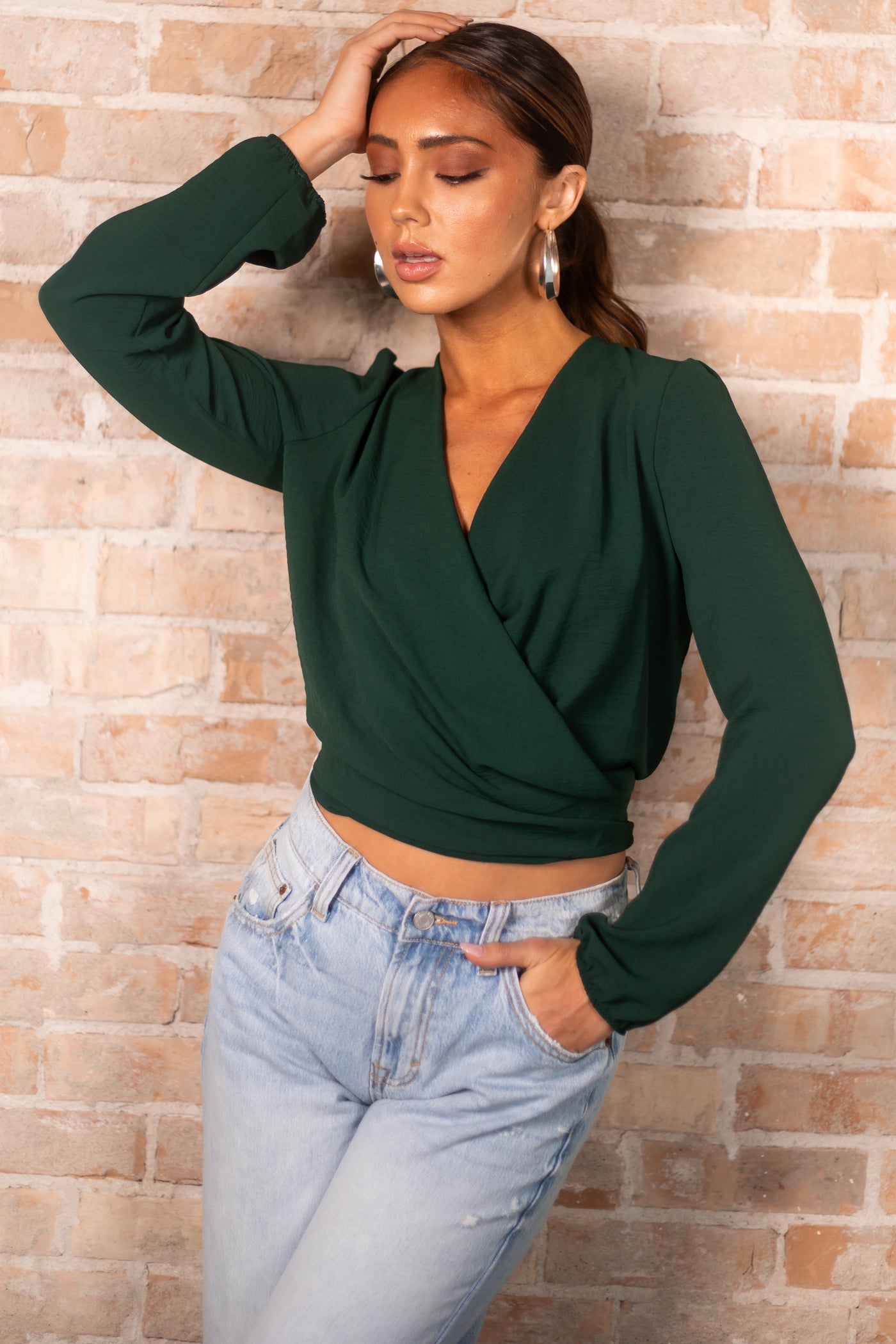 Forest Surplice Long Sleeve Back Tie Blouse