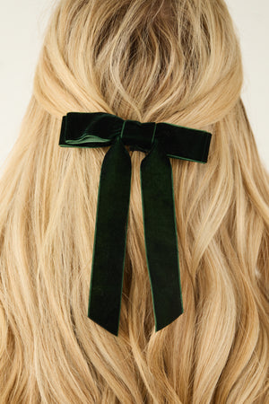 Forest Green Solid Velvet Clip On Bow