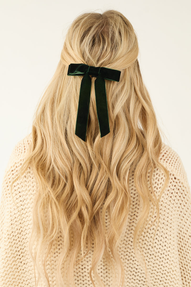 Forest Green Solid Velvet Clip On Bow