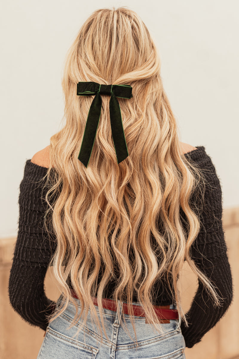 Forest Green Solid Velvet Clip On Bow