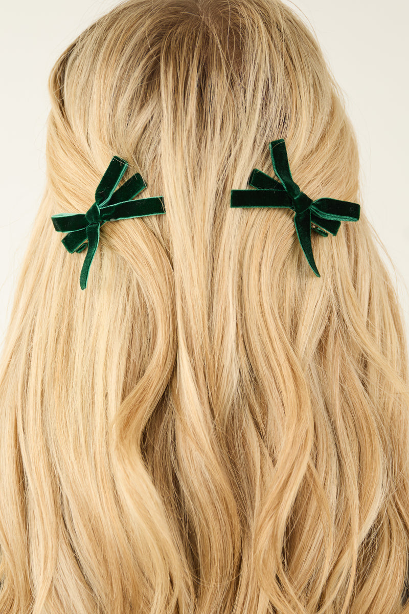 Forest Green Velvet Bow Hair Clip Set of 2