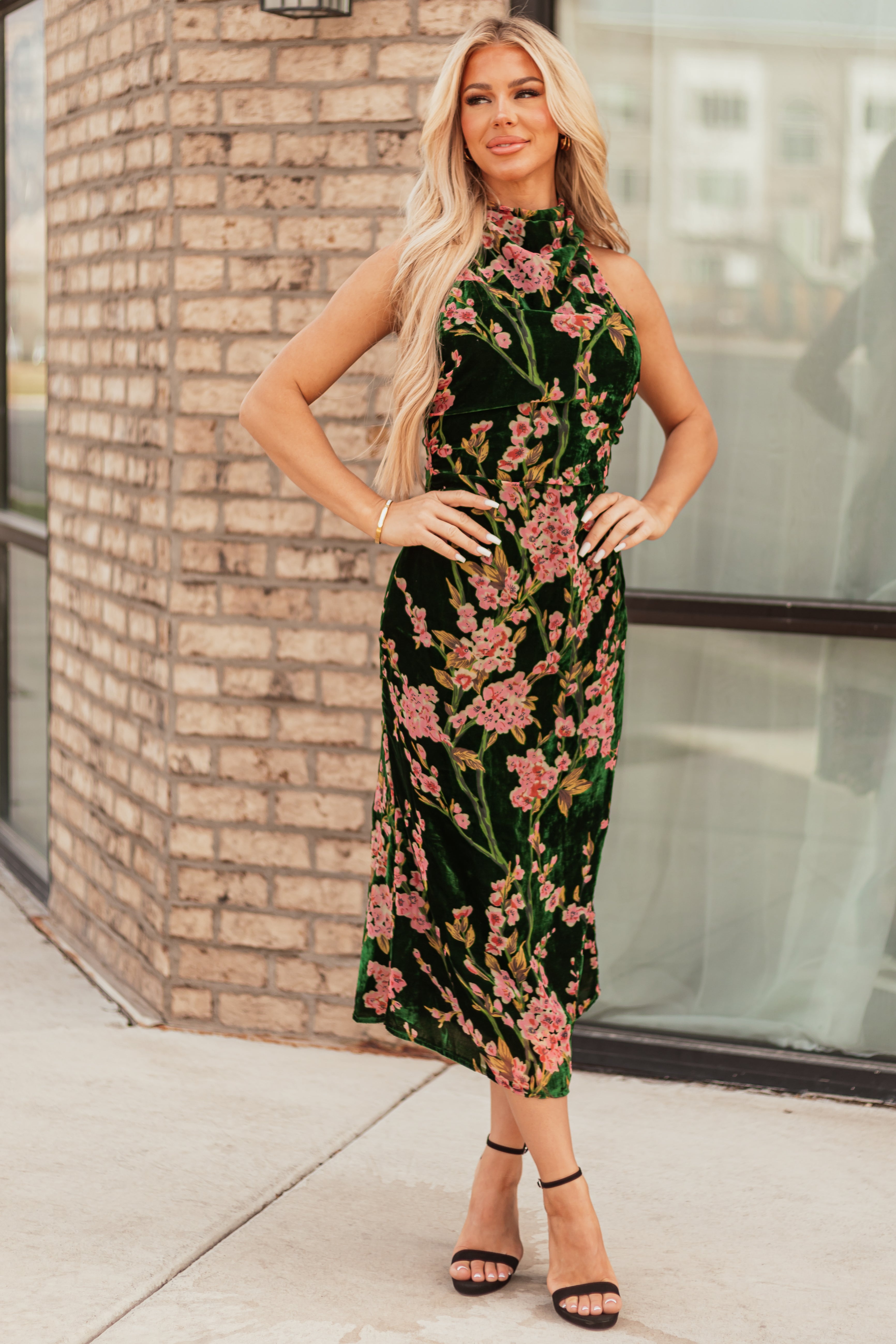 Forest Green Velvet Cherry Blossom Midi Dress