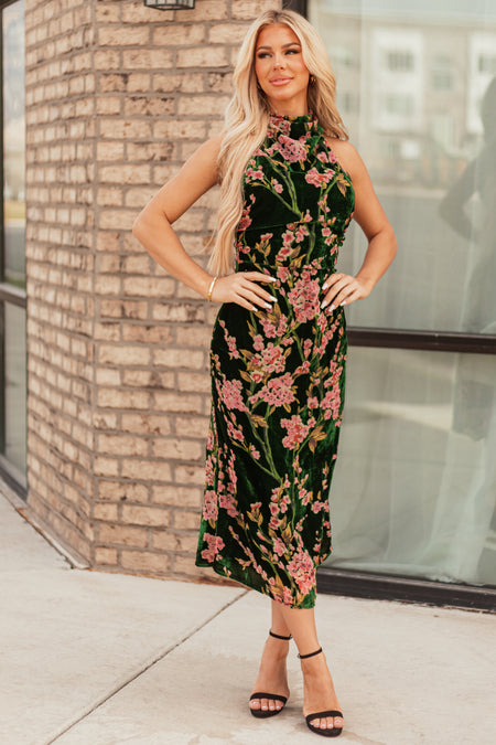 Forest Green Velvet Cherry Blossom Midi Dress