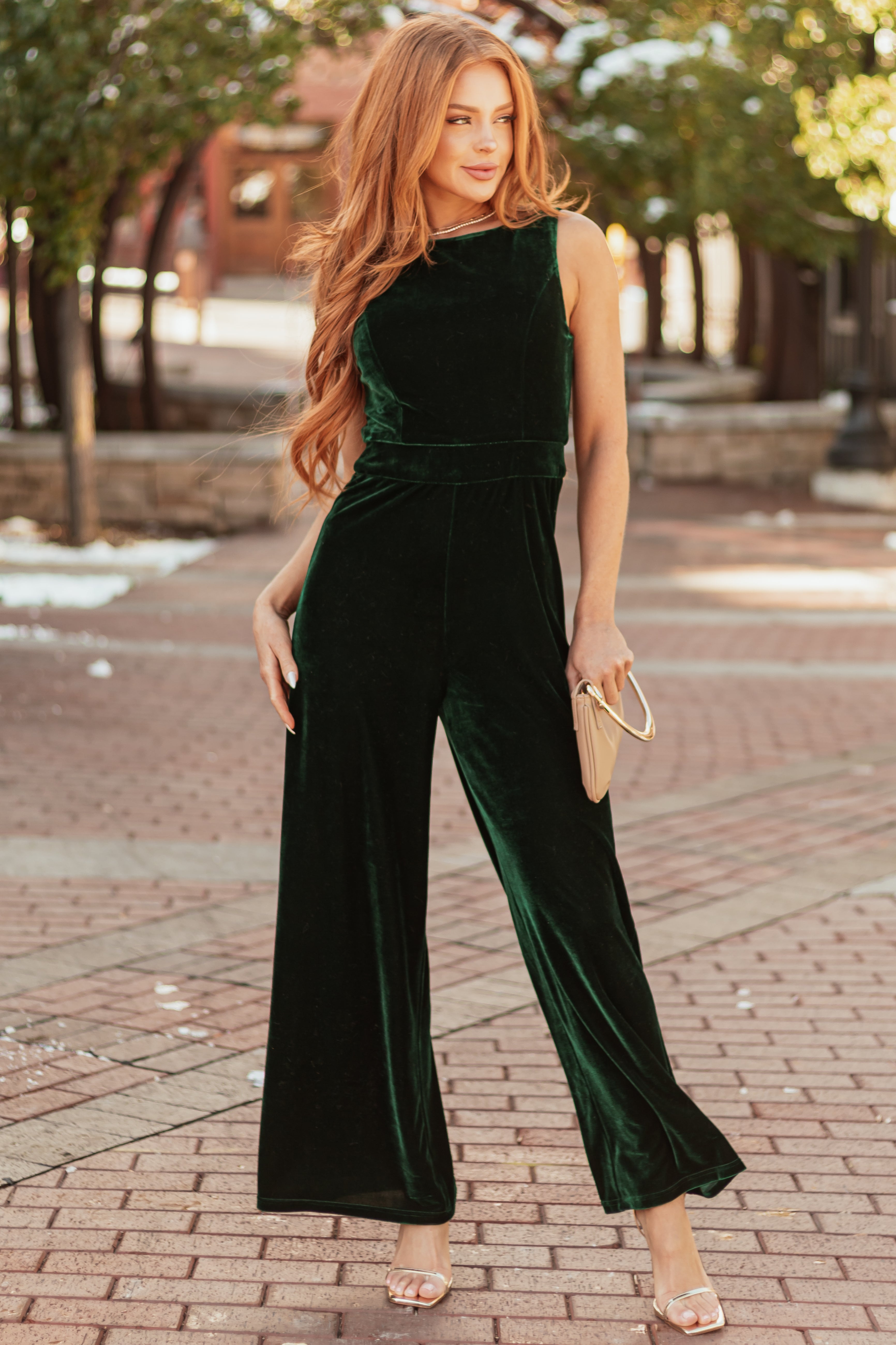 Forest Green Velvet Sleeveless Wide Leg Jumpsuit