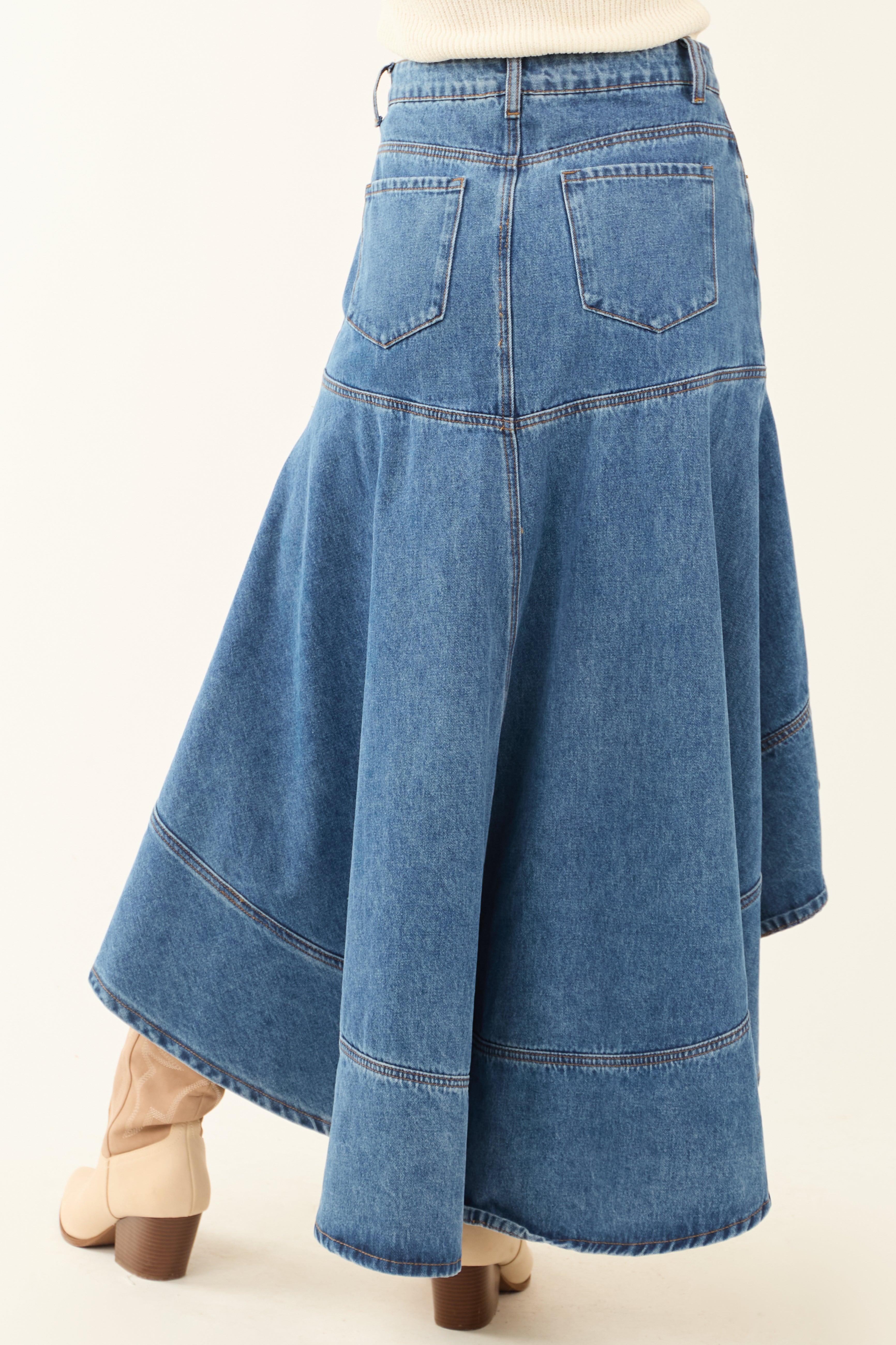 Free Market Medium Wash Denim High Low Midi Skirt