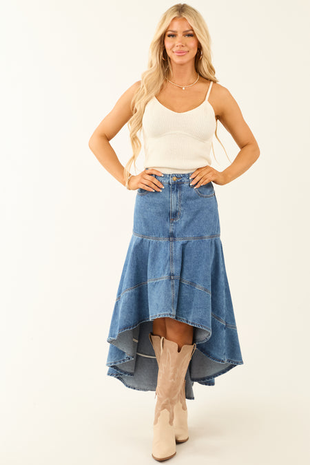 Free Market Medium Wash Denim High Low Midi Skirt