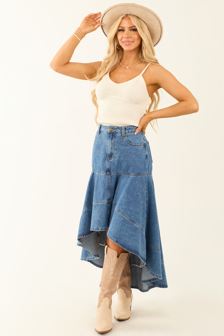 Flying Tomato Medium Wash Denim High Low Midi Skirt