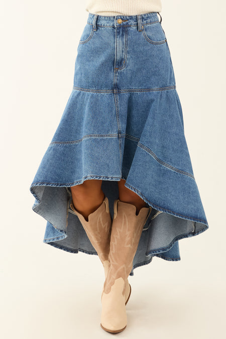 Free Market Medium Wash Denim High Low Midi Skirt