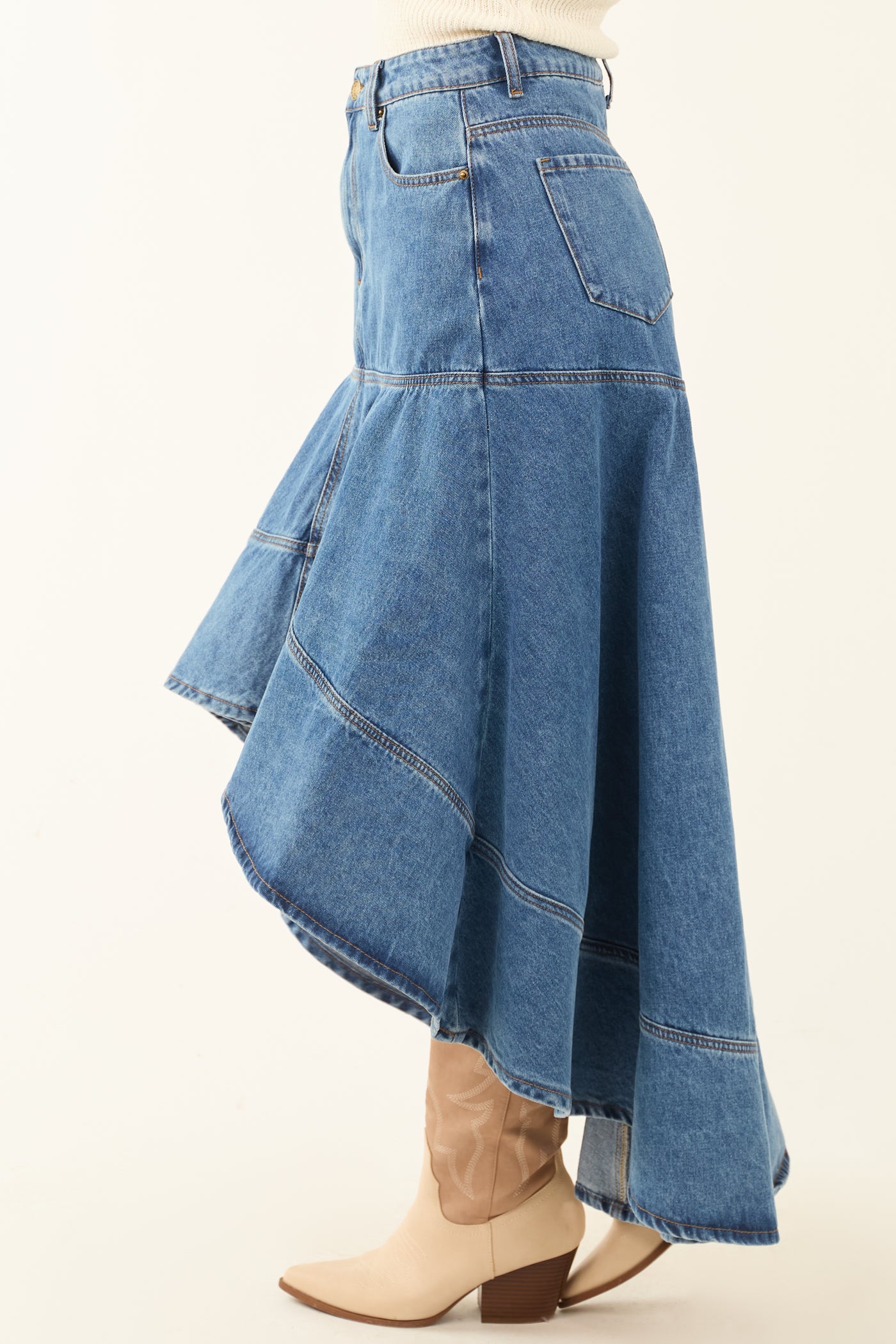 Free Market Medium Wash Denim High Low Midi Skirt