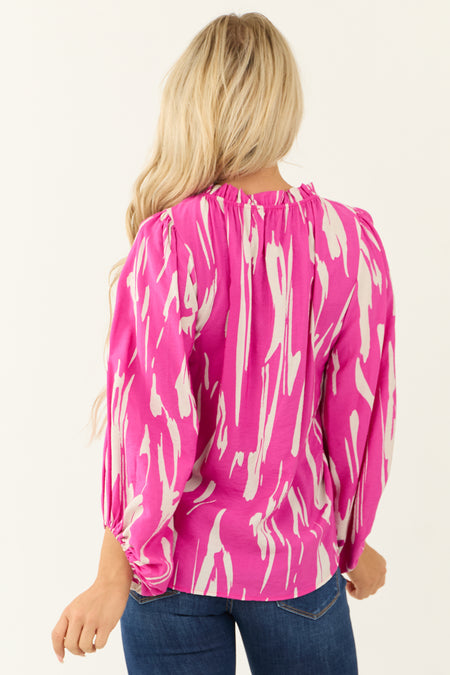 Fuchsia Abstract Print Long Puff Sleeve Top