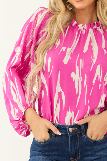 Fuchsia Abstract Print Long Puff Sleeve Top