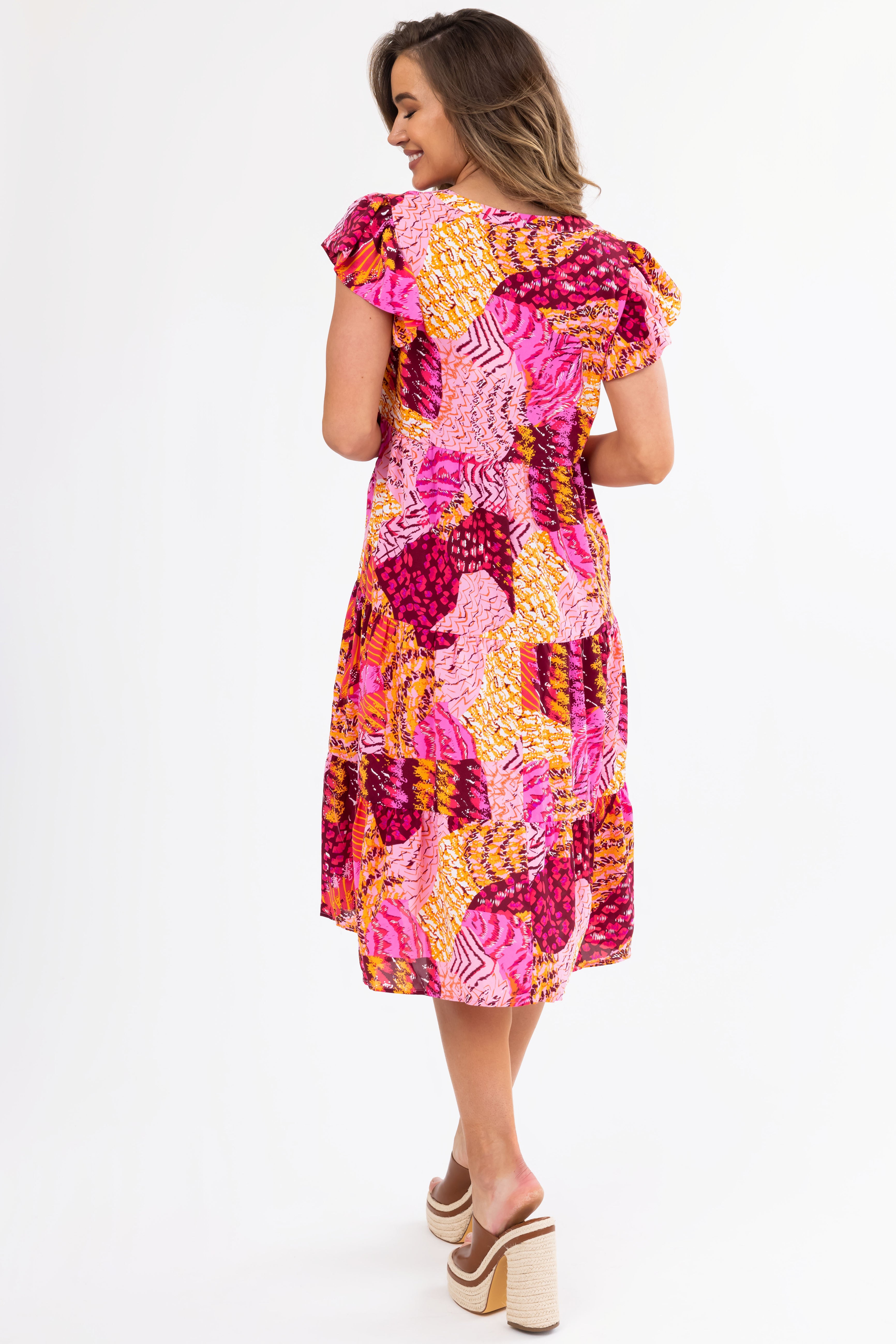 Fuchsia Abstract Print Short Sleeve Midi Dress