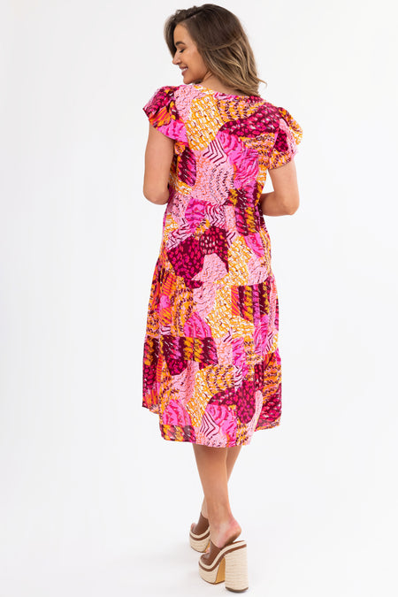 Fuchsia Abstract Print Short Sleeve Midi Dress