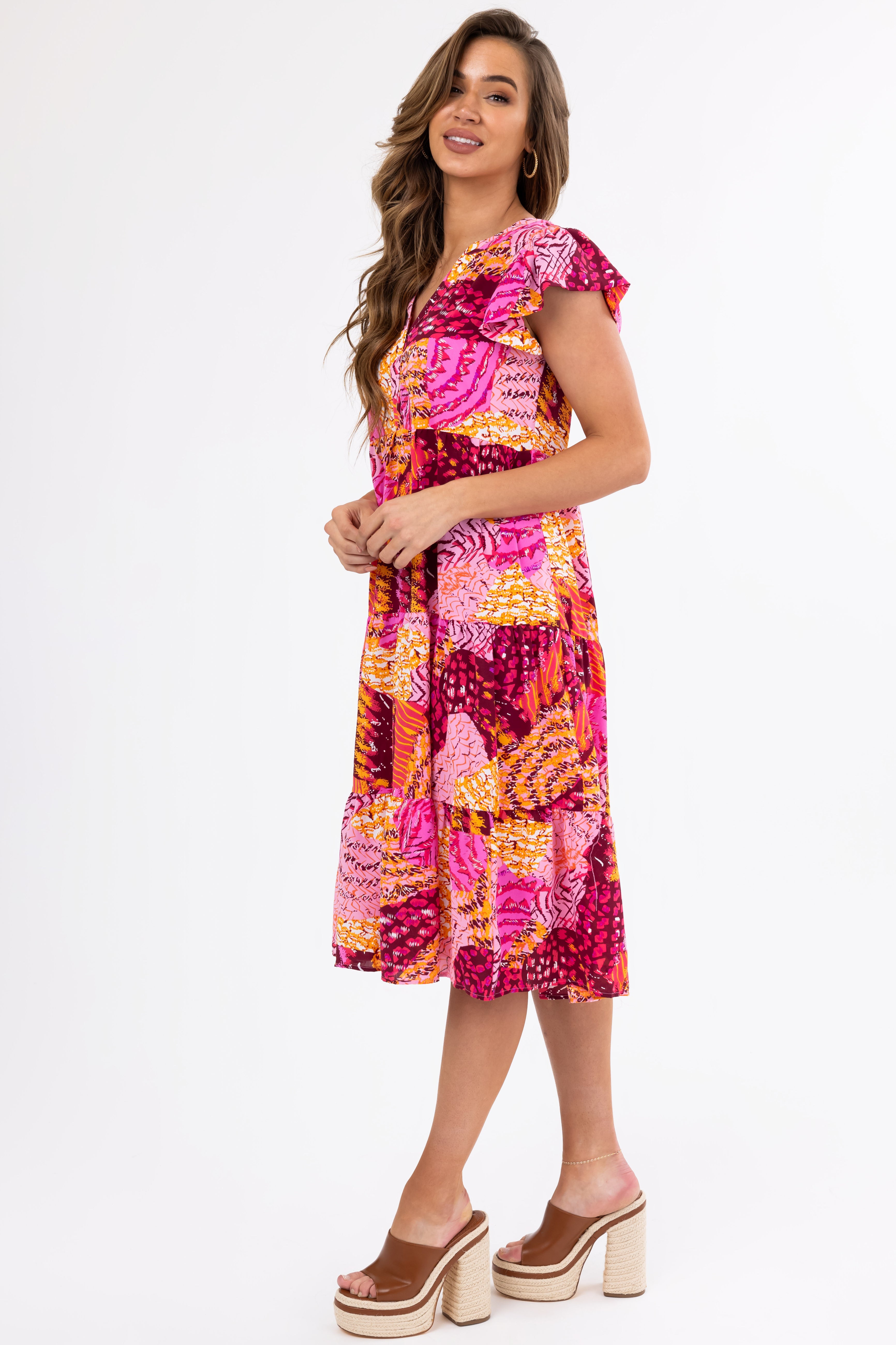 Fuchsia Abstract Print Short Sleeve Midi Dress