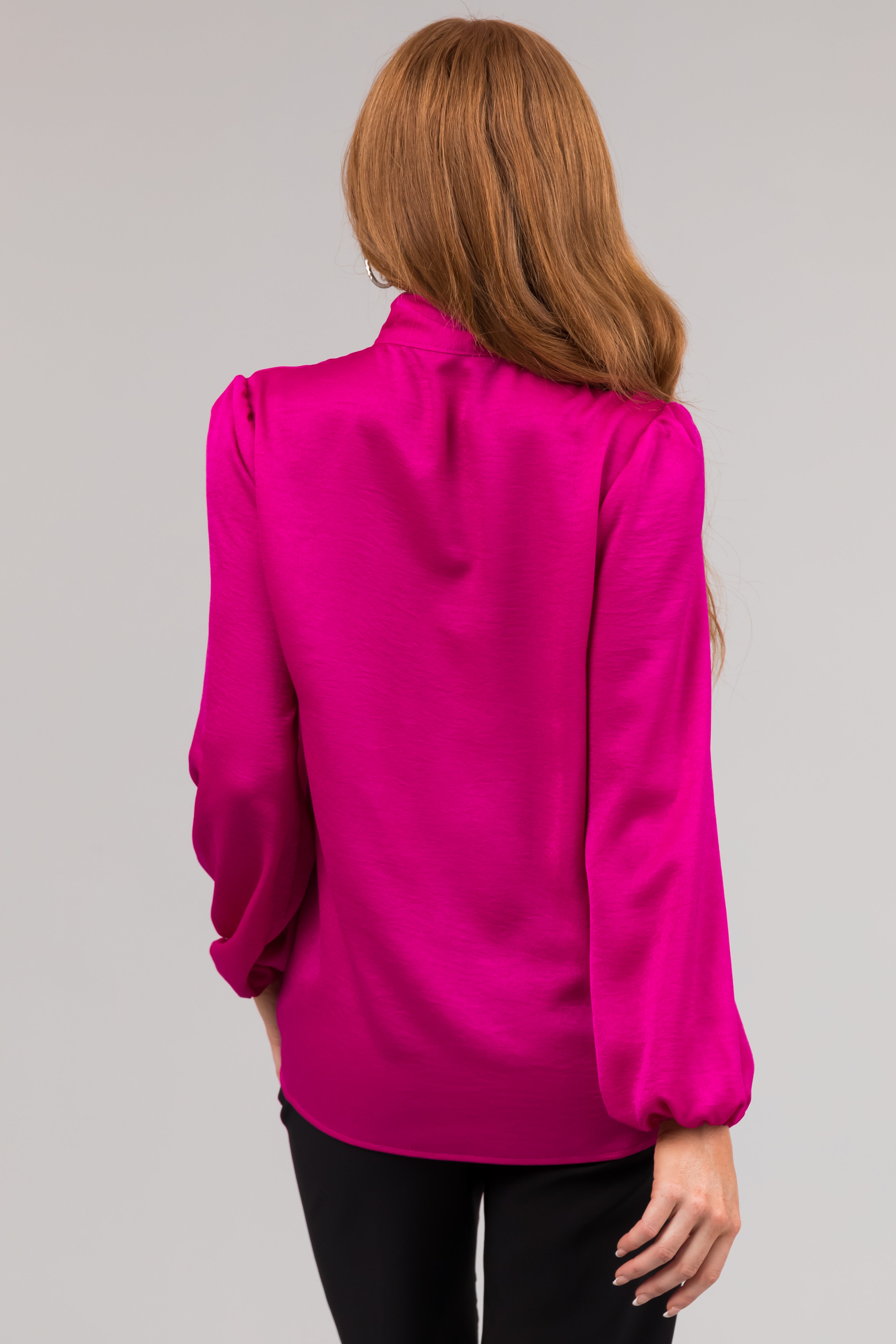 Fuchsia Bow Tie Neck Long Sleeve Satin Blouse