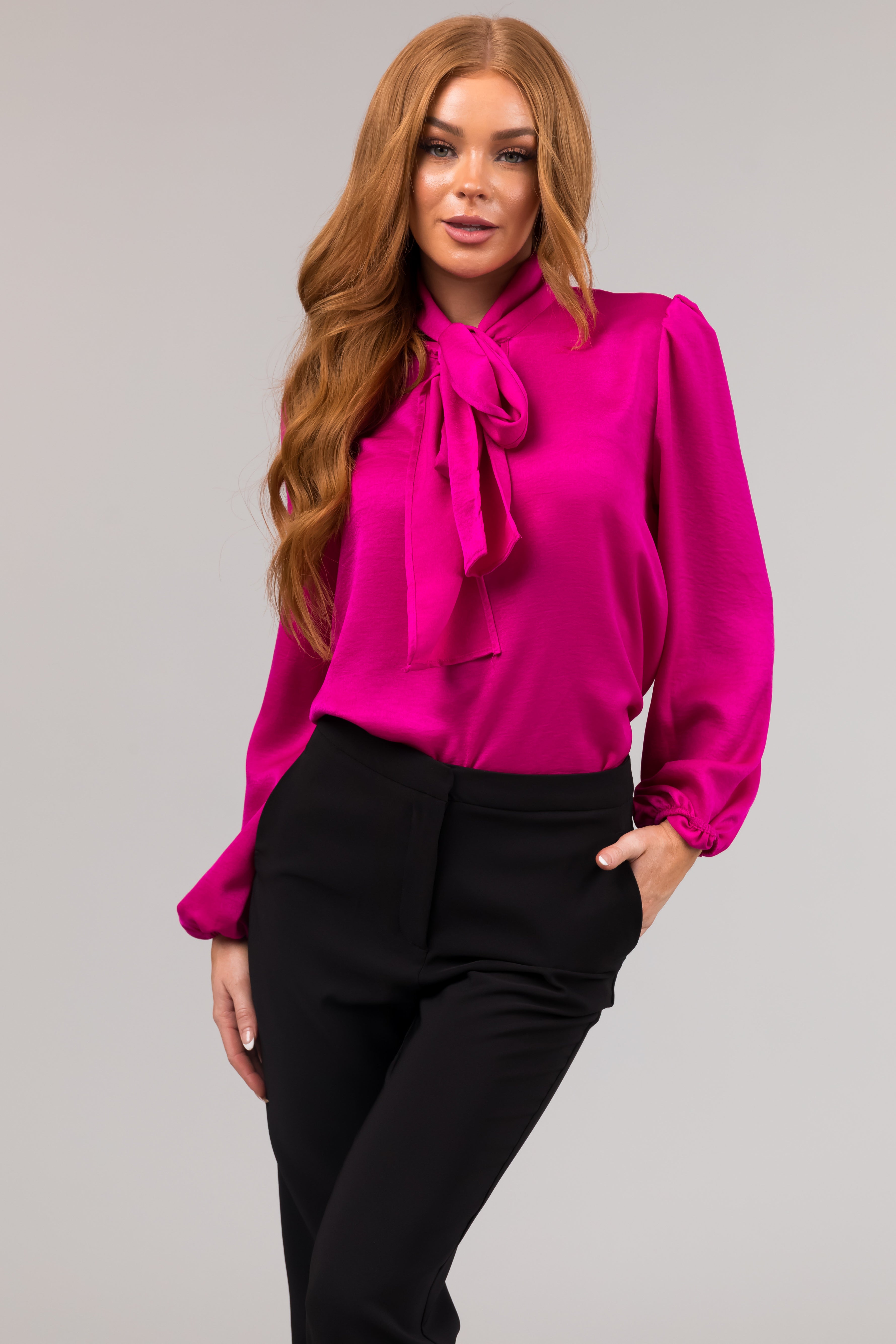 Fuchsia Bow Tie Neck Long Sleeve Satin Blouse