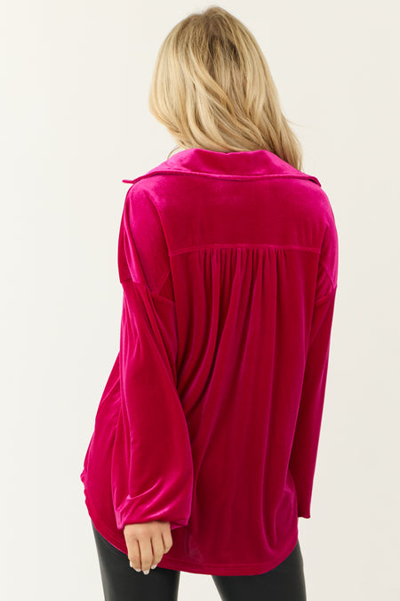 Fuchsia Button Up Velvet Chest Pocket Top