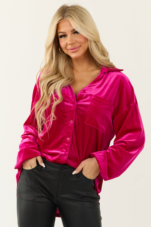 Fuchsia Button Up Velvet Chest Pocket Top