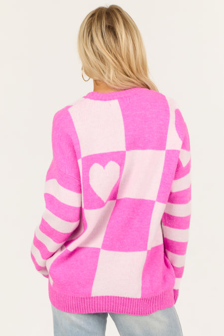 Fuchsia Checkered Heart Contrast Print Sweater