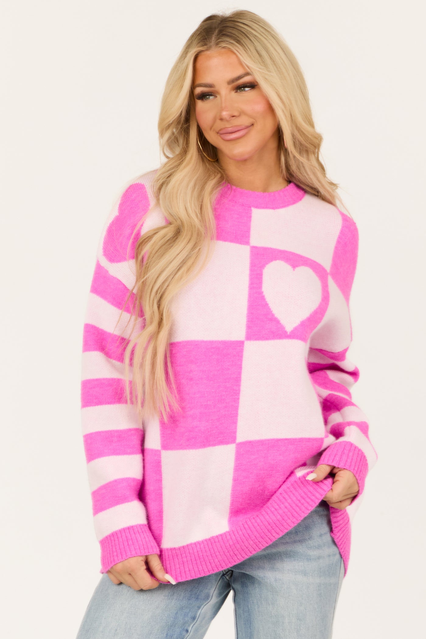 Fuchsia Checkered Heart Contrast Print Sweater