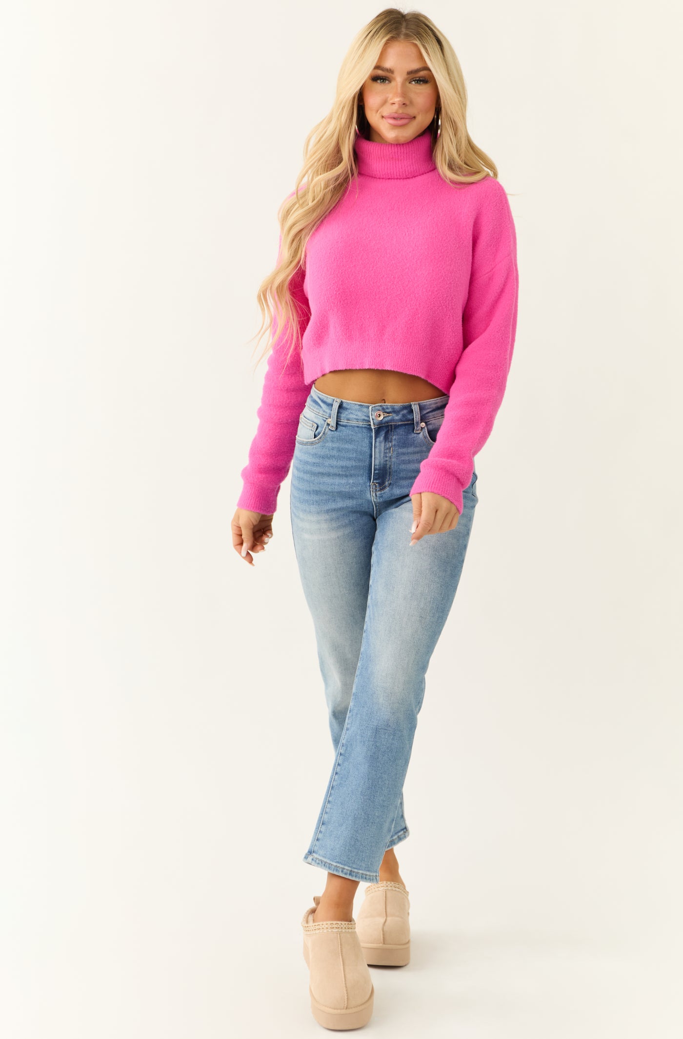 Fuchsia Cropped Turtleneck Fuzzy Sweater