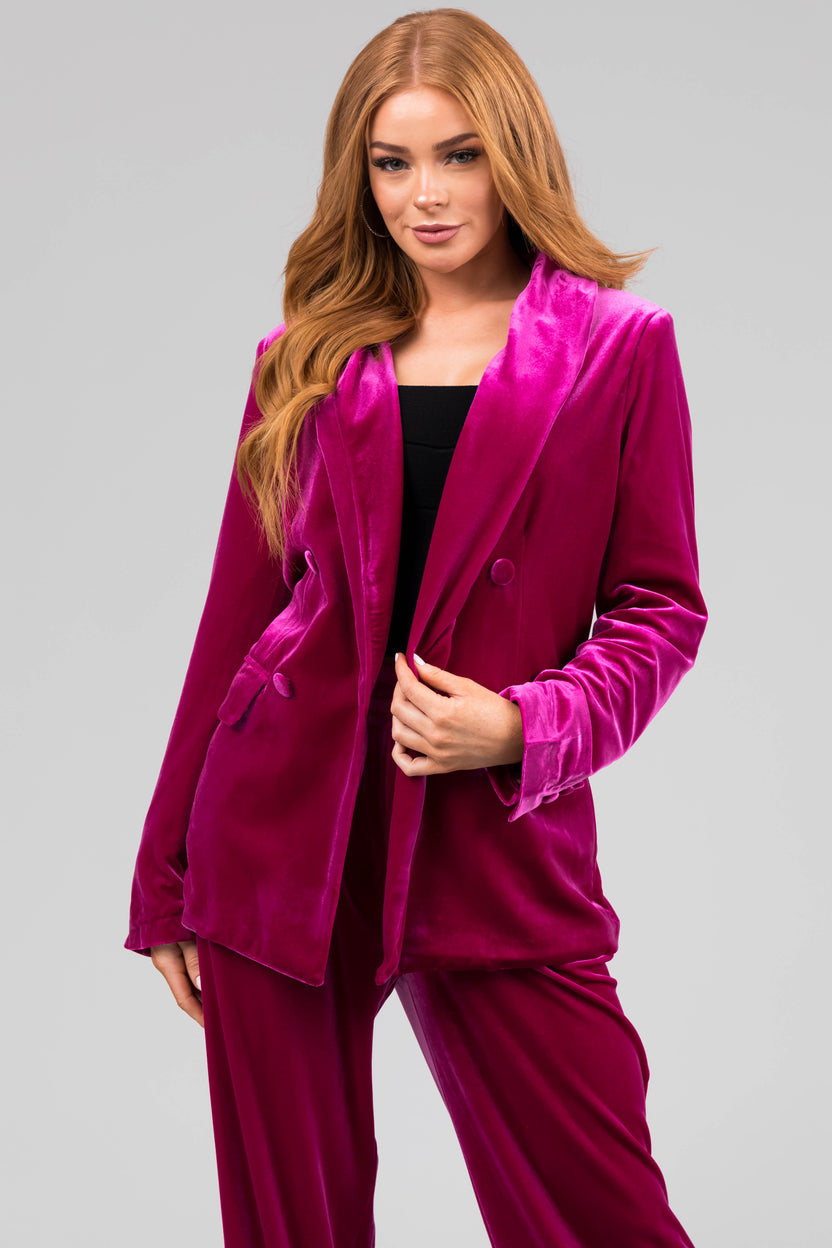 Fuchsia Double Button Velvet Blazer