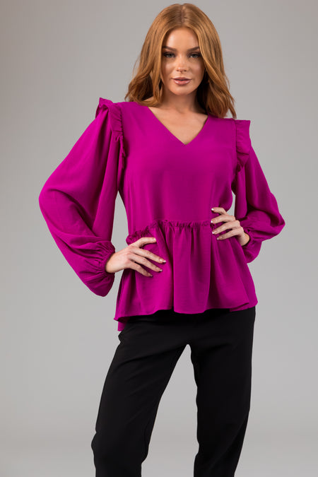 Fuchsia Drop Waist Bubble Sleeve Blouse