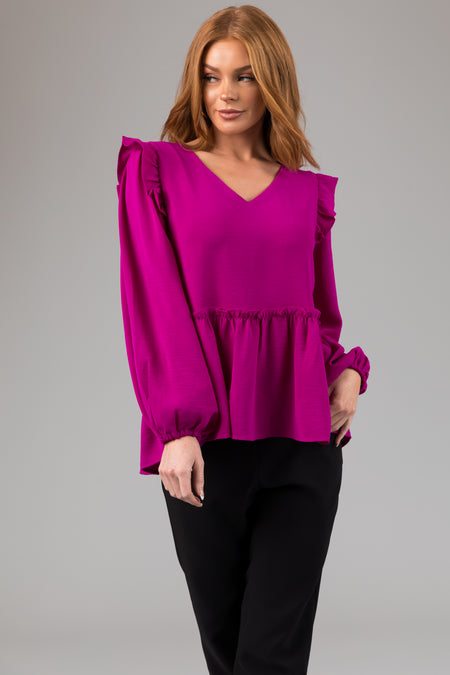 Fuchsia Drop Waist Bubble Sleeve Blouse