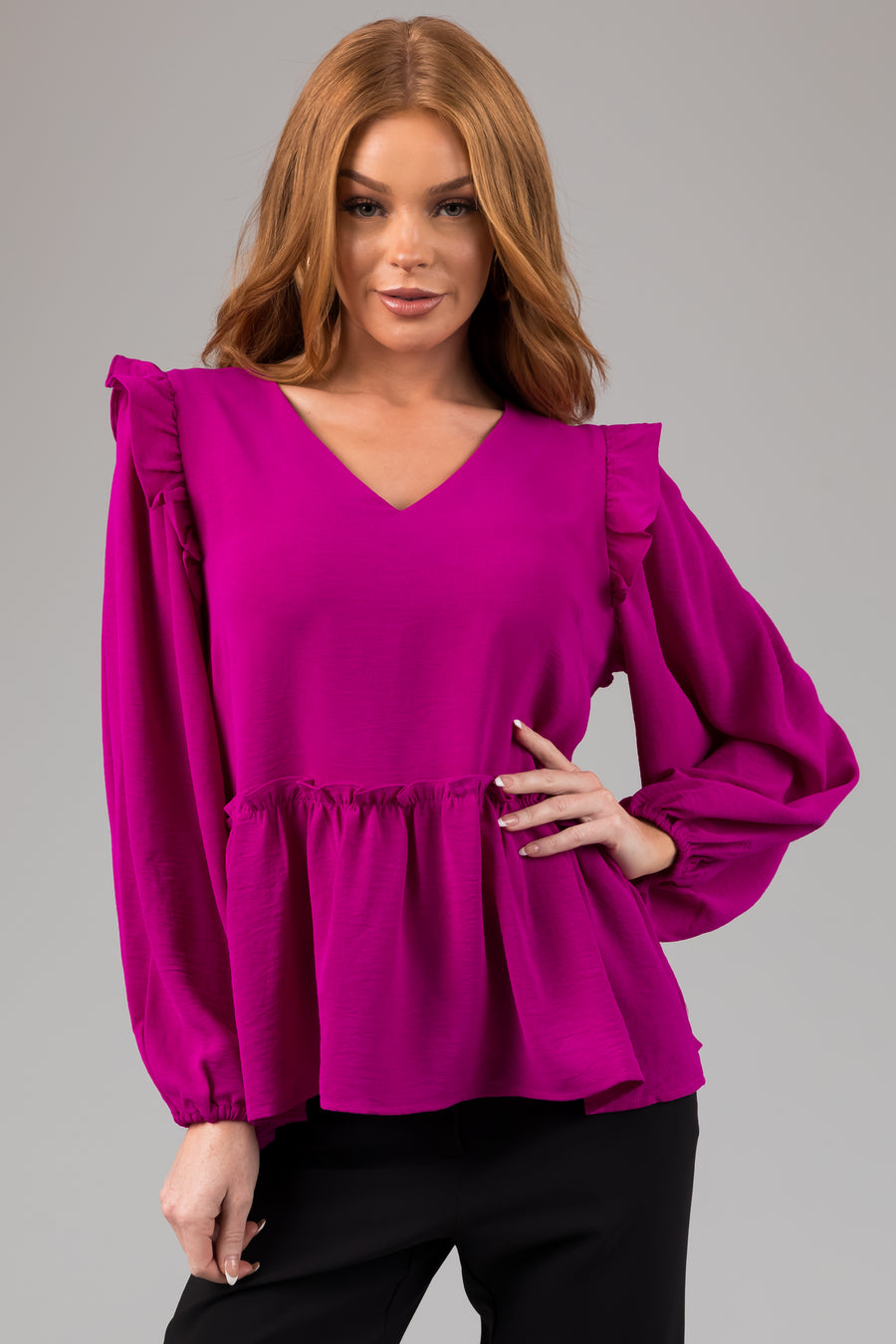 Fuchsia Drop Waist Bubble Sleeve Blouse