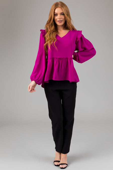 Fuchsia Drop Waist Bubble Sleeve Blouse