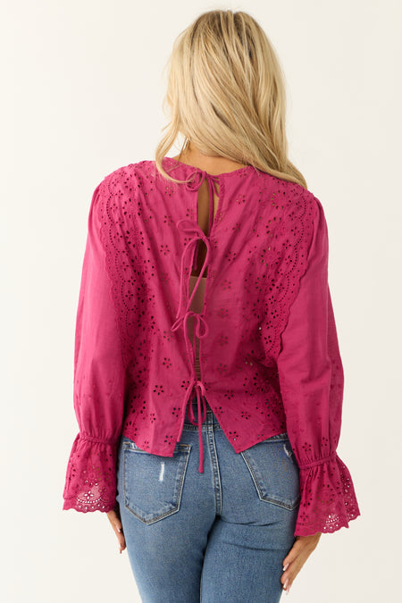 Fuchsia Eyelet Lace Long Sleeve Top with Tie Back