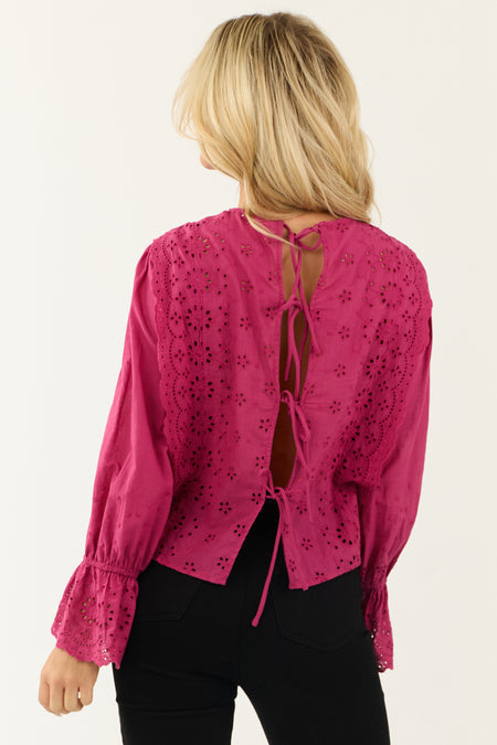 Fuchsia Eyelet Lace Long Sleeve Top with Tie Back