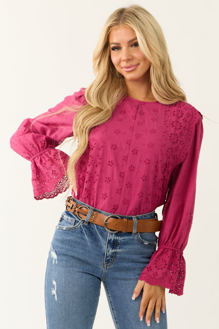 Fuchsia Eyelet Lace Long Sleeve Top with Tie Back