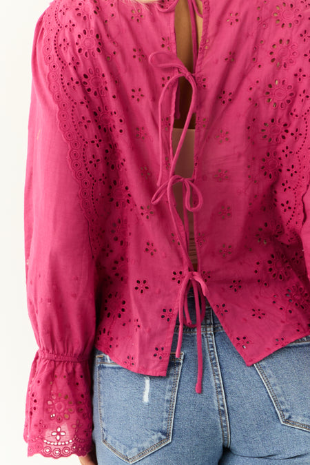 Fuchsia Eyelet Lace Long Sleeve Top with Tie Back