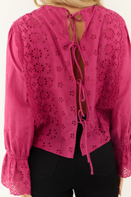 Fuchsia Eyelet Lace Long Sleeve Top with Tie Back